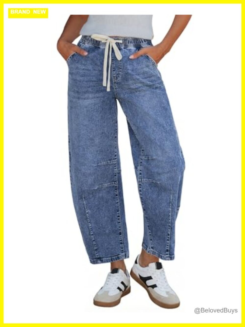 Women's High Rise Barrel Jeans Cropped Pull On Elastic Waist Wide Leg